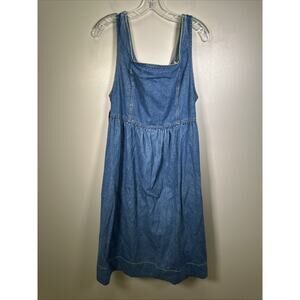 VTG Avocado Denim Dress 12 Tie Back Waist Blue‎ 90s Y2K Cottagecore Square Neck
